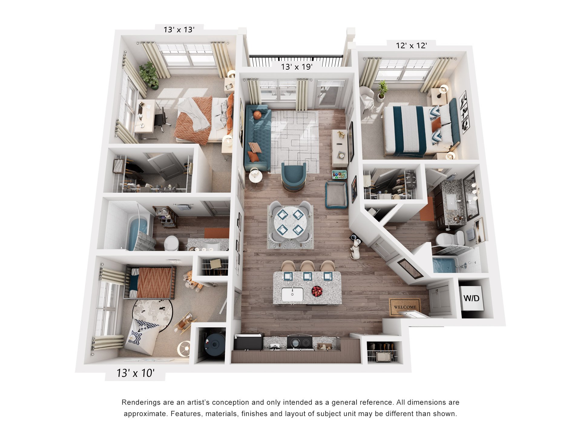 Floor plan for 3 beds, 2 baths, 1232 sqft